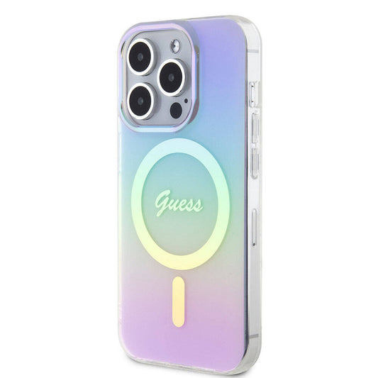 iPhone 15 Pro Kılıf Guess Orjinal Lisanslı M-safe Şarj Özellikli Yazı Logolu Iridescent Kapak