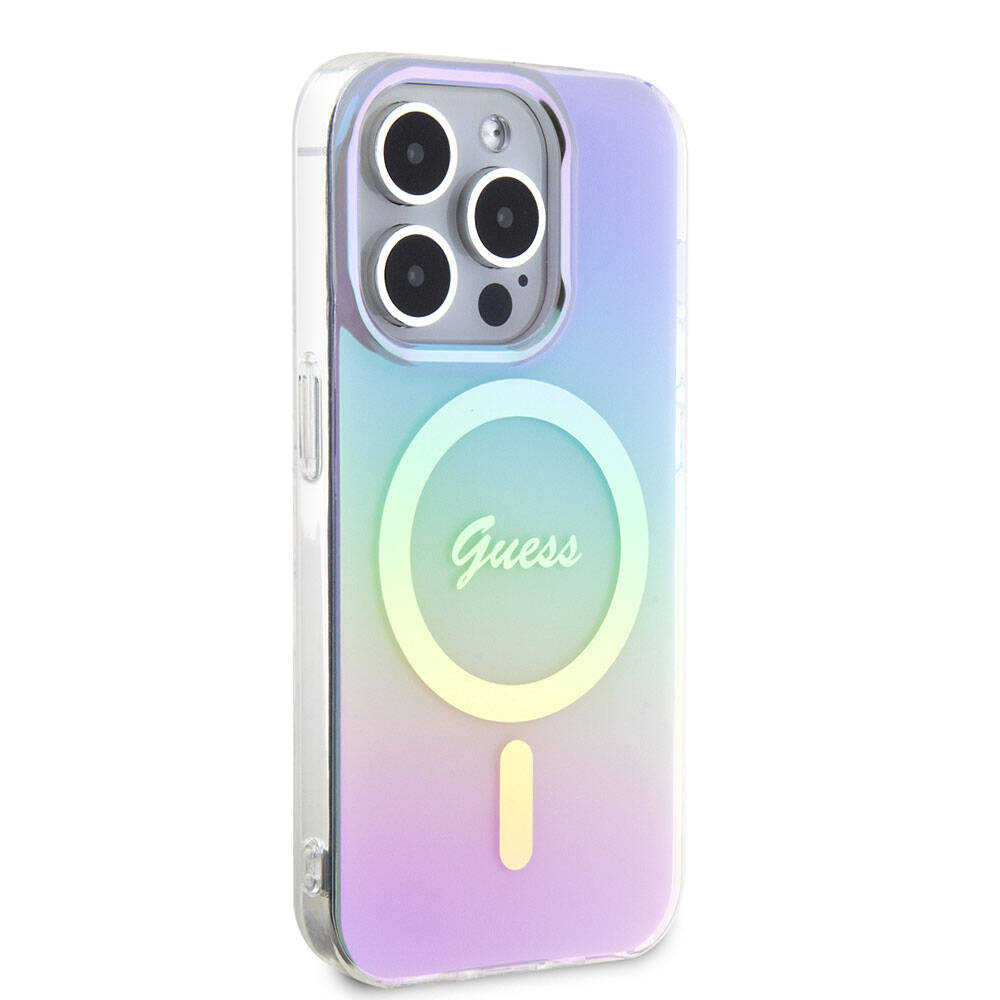 iPhone 15 Pro Kılıf Guess Orjinal Lisanslı M-safe Şarj Özellikli Yazı Logolu Iridescent Kapak