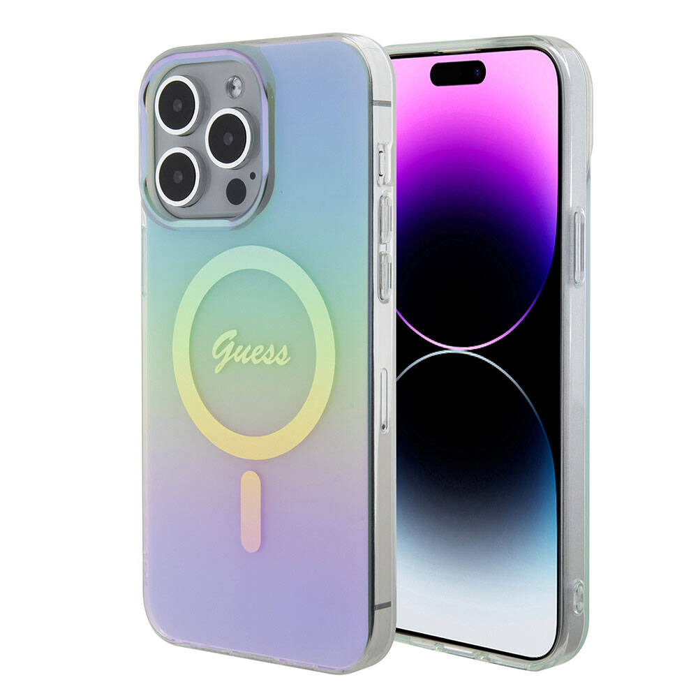 iPhone 15 Pro Kılıf Guess Orjinal Lisanslı M-safe Şarj Özellikli Yazı Logolu Iridescent Kapak