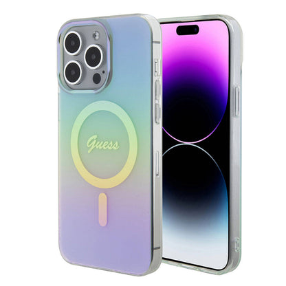 iPhone 15 Pro Kılıf Guess Orjinal Lisanslı M-safe Şarj Özellikli Yazı Logolu Iridescent Kapak