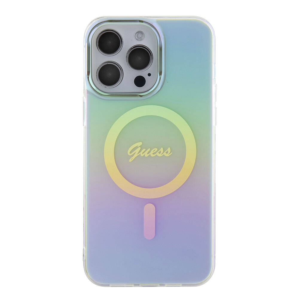 iPhone 15 Pro Kılıf Guess Orjinal Lisanslı M-safe Şarj Özellikli Yazı Logolu Iridescent Kapak