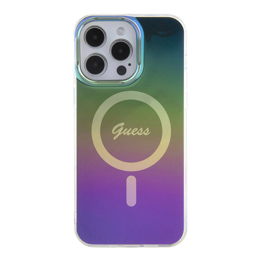 iPhone 15 Pro Kılıf Guess Orjinal Lisanslı M-safe Şarj Özellikli Yazı Logolu Iridescent Kapak