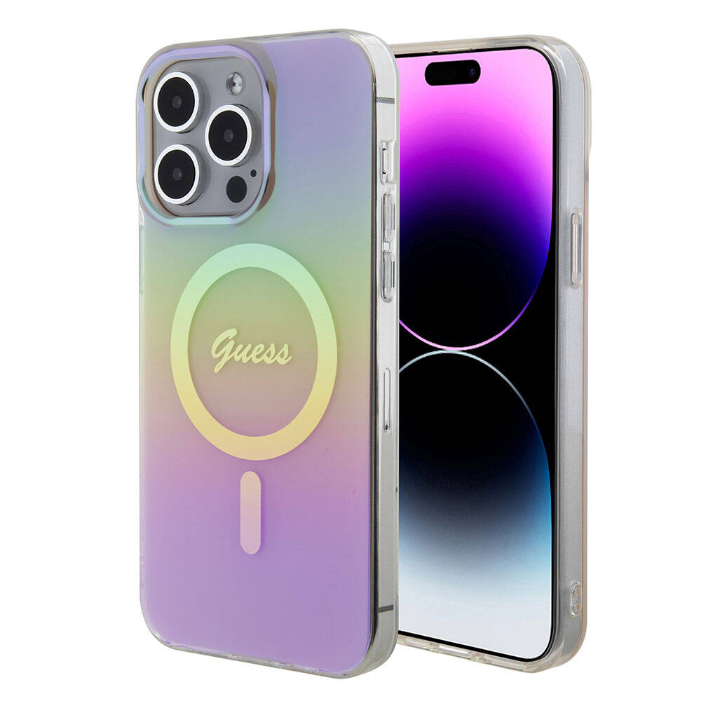 iPhone 15 Pro Kılıf Guess Orjinal Lisanslı M-safe Şarj Özellikli Yazı Logolu Iridescent Kapak