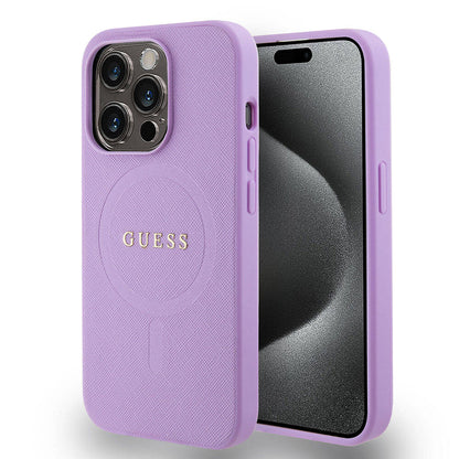 iPhone 15 Pro Kılıf Guess Orjinal Lisanslı M-safe Şarj Özellikli Yazı Logolu Saffiano Kapak