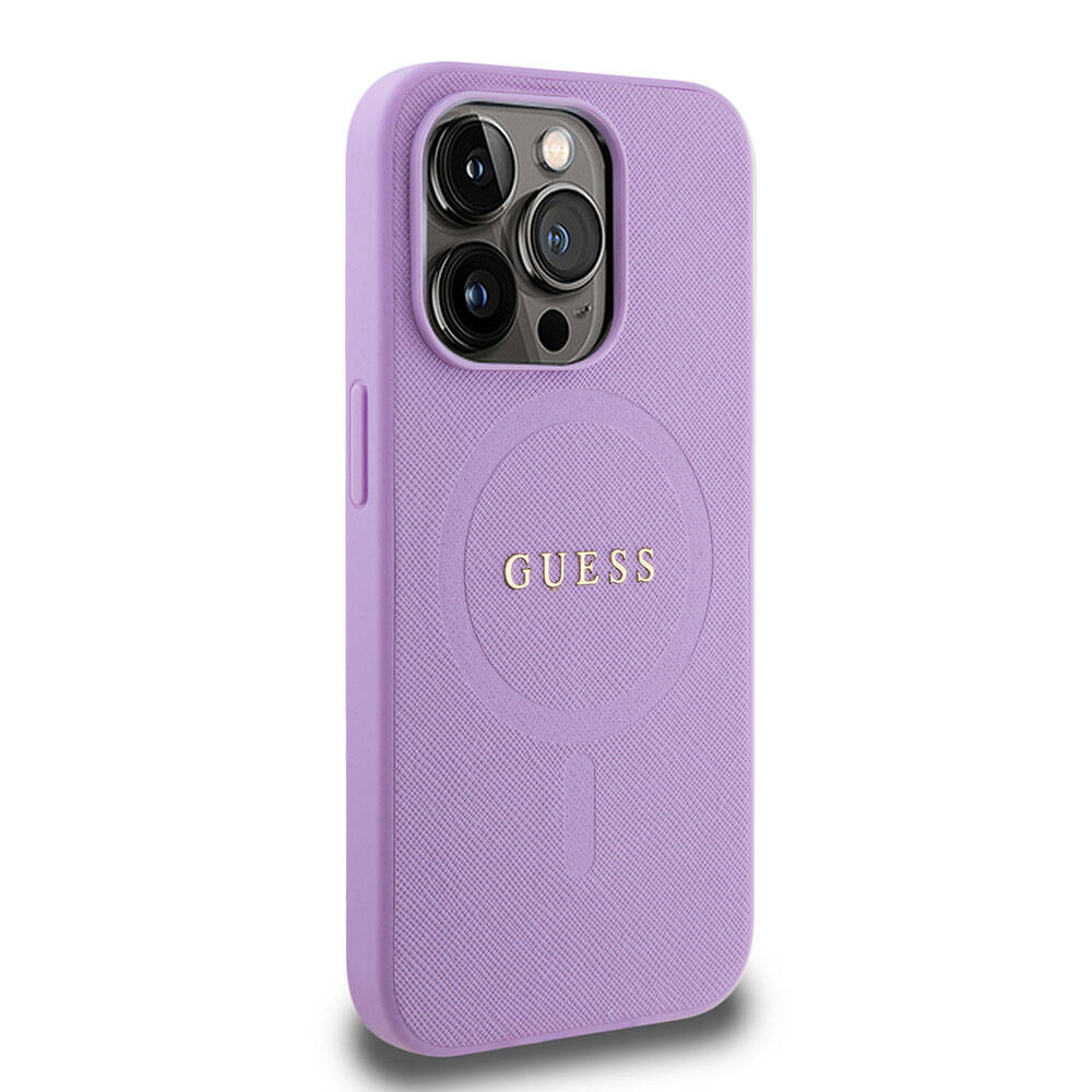 iPhone 15 Pro Kılıf Guess Orjinal Lisanslı M-safe Şarj Özellikli Yazı Logolu Saffiano Kapak