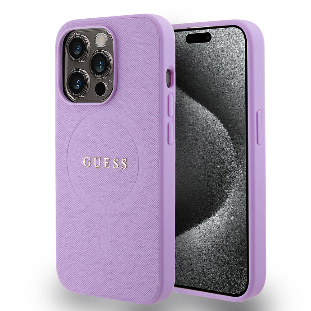 iPhone 15 Pro Kılıf Guess Orjinal Lisanslı M-safe Şarj Özellikli Yazı Logolu Saffiano Kapak