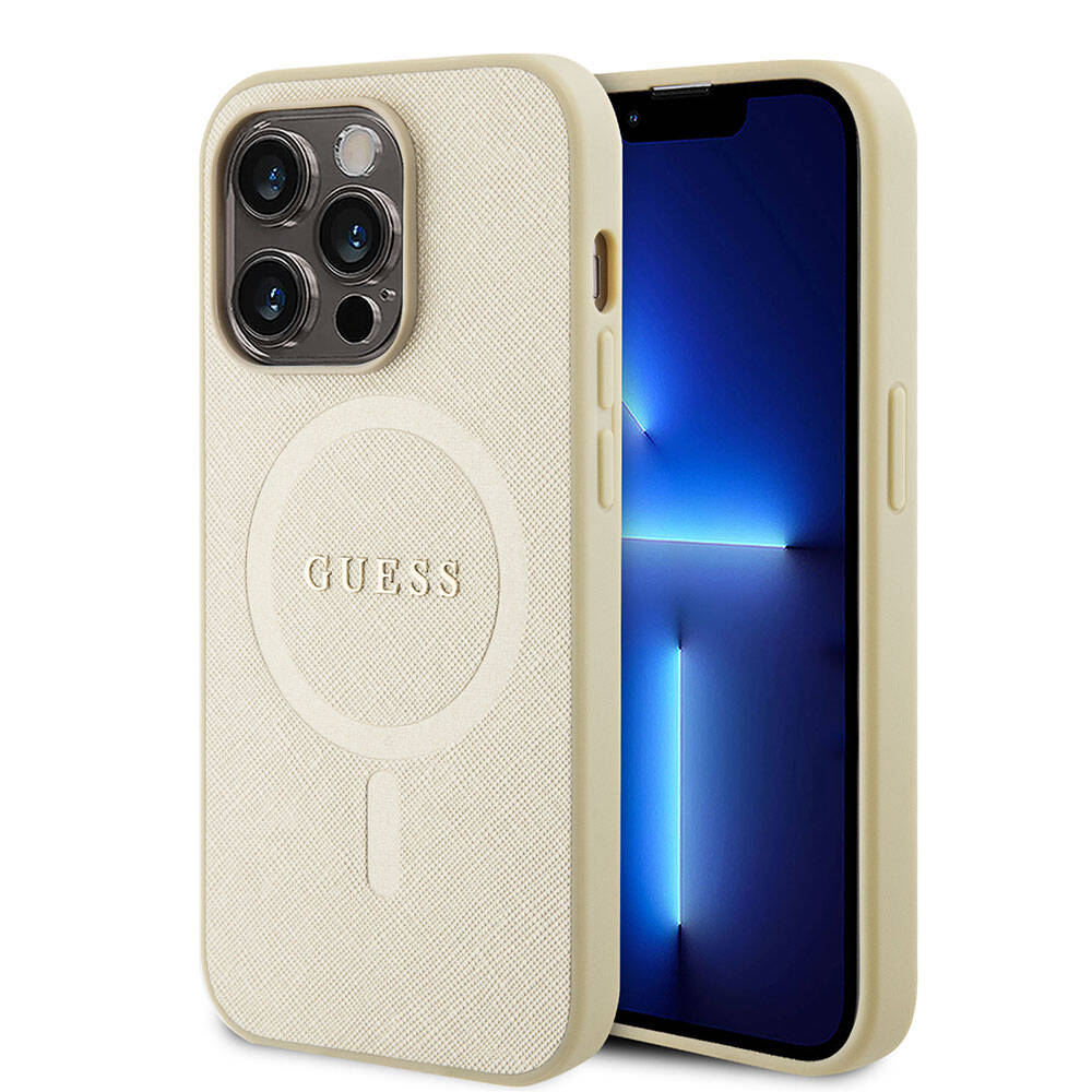 iPhone 15 Pro Kılıf Guess Orjinal Lisanslı M-safe Şarj Özellikli Yazı Logolu Saffiano Kapak