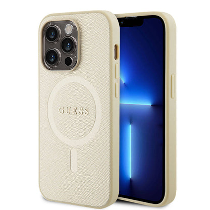 iPhone 15 Pro Kılıf Guess Orjinal Lisanslı M-safe Şarj Özellikli Yazı Logolu Saffiano Kapak