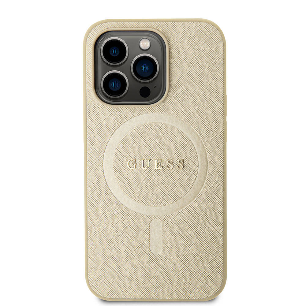 iPhone 15 Pro Kılıf Guess Orjinal Lisanslı M-safe Şarj Özellikli Yazı Logolu Saffiano Kapak