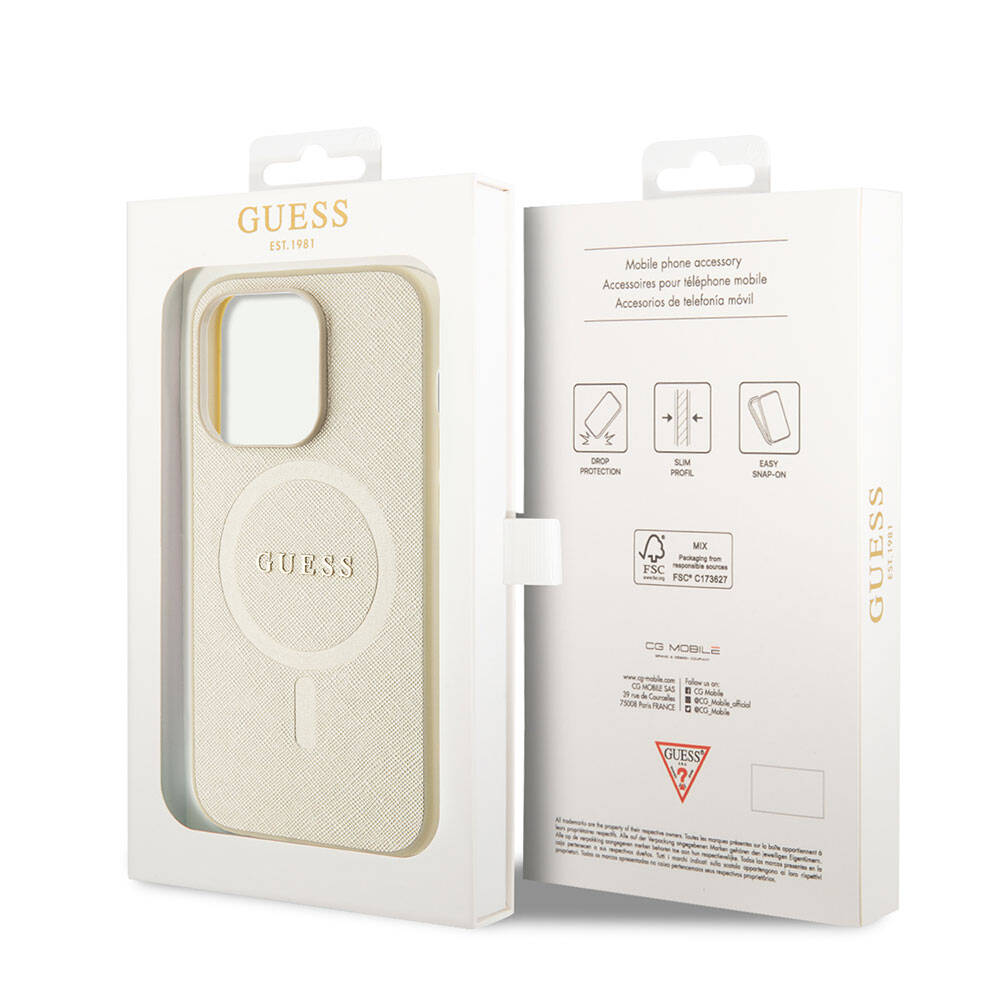 iPhone 15 Pro Kılıf Guess Orjinal Lisanslı M-safe Şarj Özellikli Yazı Logolu Saffiano Kapak