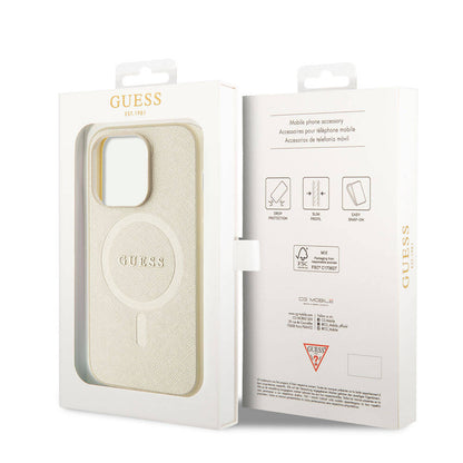 iPhone 15 Pro Kılıf Guess Orjinal Lisanslı M-safe Şarj Özellikli Yazı Logolu Saffiano Kapak