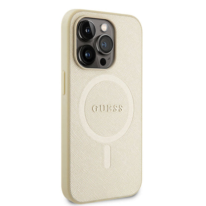 iPhone 15 Pro Kılıf Guess Orjinal Lisanslı M-safe Şarj Özellikli Yazı Logolu Saffiano Kapak
