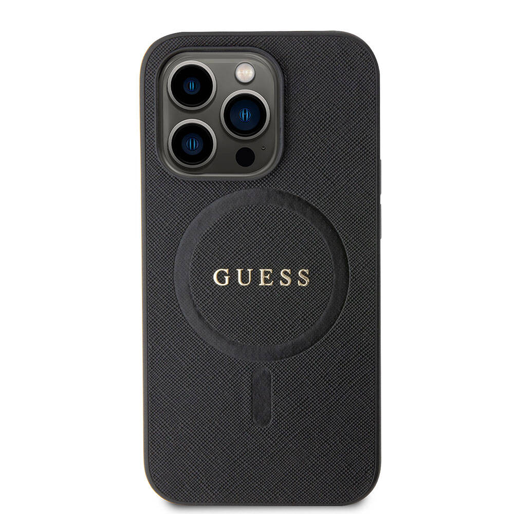 iPhone 15 Pro Kılıf Guess Orjinal Lisanslı M-safe Şarj Özellikli Yazı Logolu Saffiano Kapak