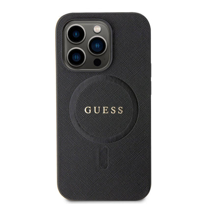 iPhone 15 Pro Kılıf Guess Orjinal Lisanslı M-safe Şarj Özellikli Yazı Logolu Saffiano Kapak