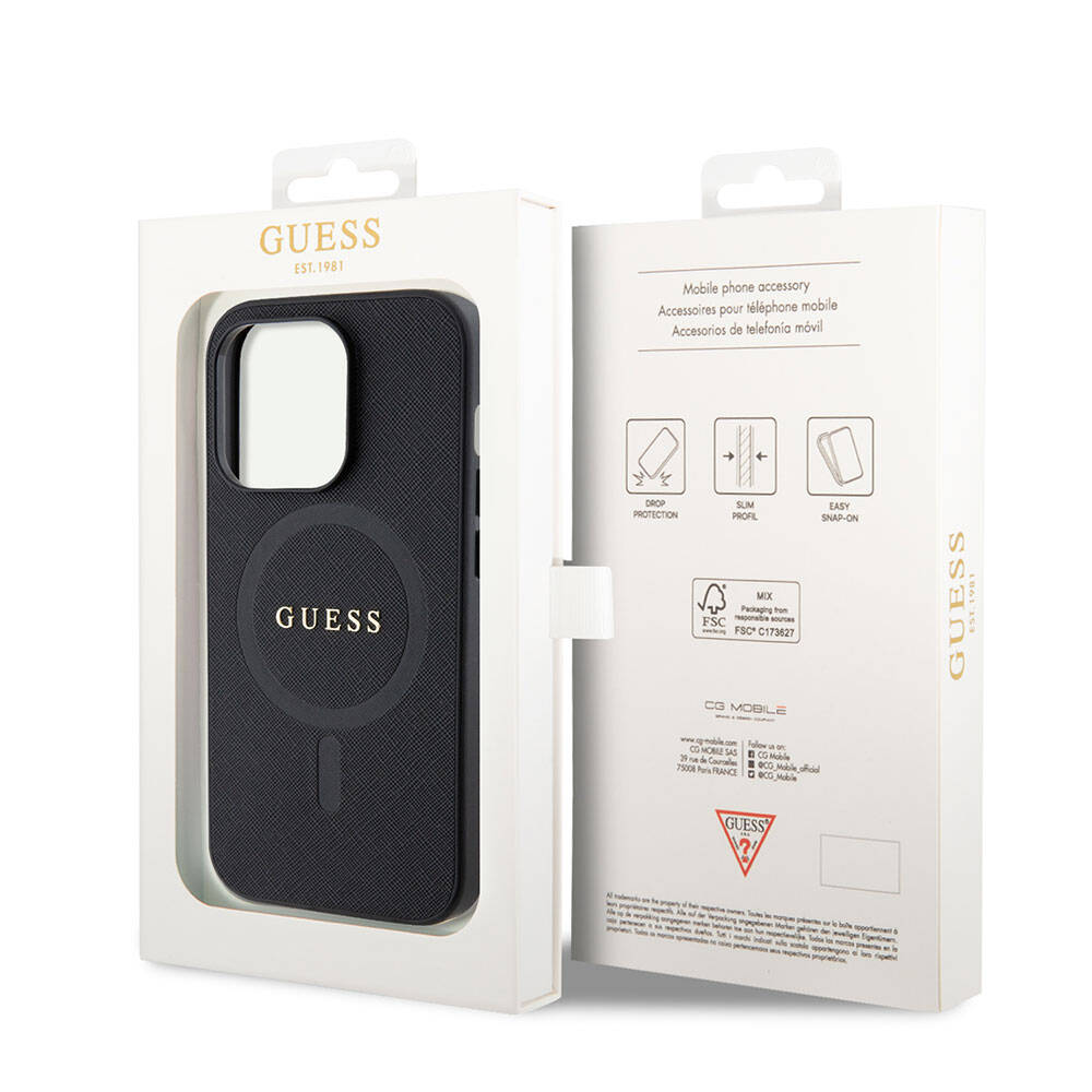 iPhone 15 Pro Kılıf Guess Orjinal Lisanslı M-safe Şarj Özellikli Yazı Logolu Saffiano Kapak