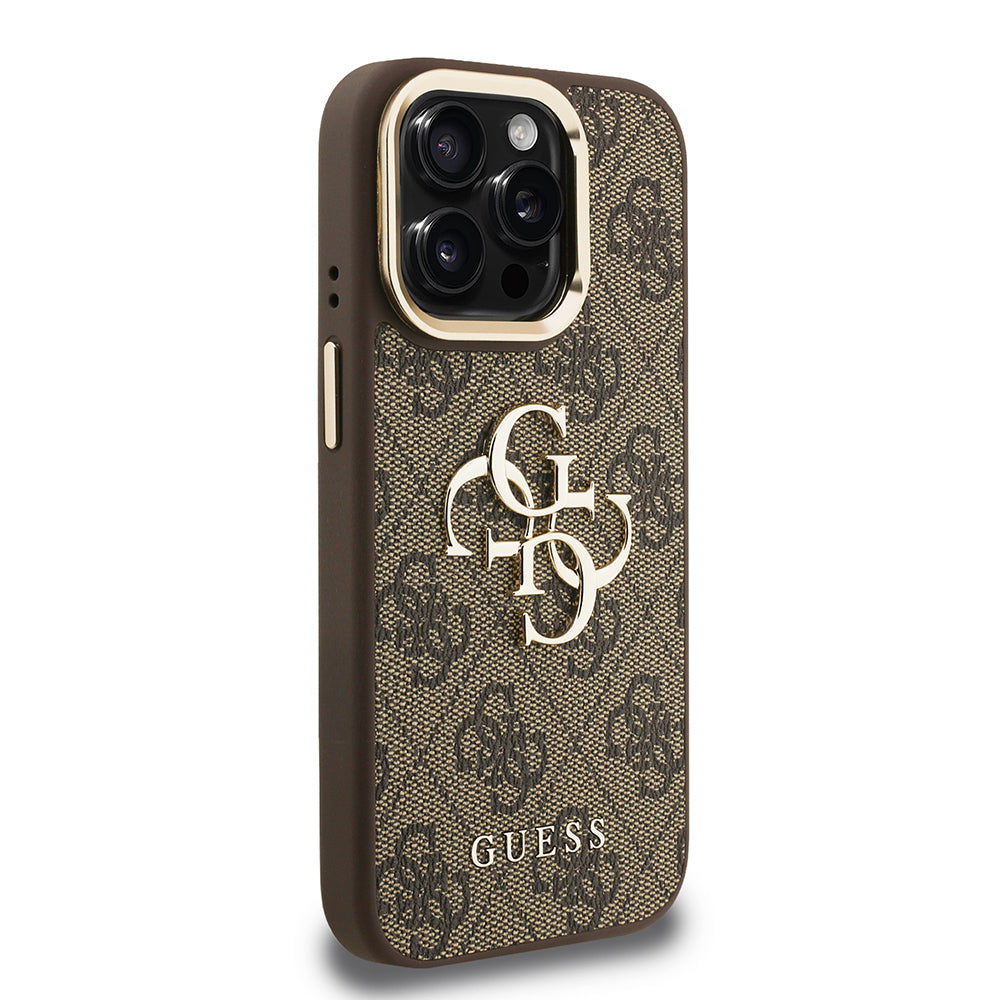 iPhone 15 Pro Kılıf Guess Orjinal Lisanslı PU Deri 4G Desenli Metal Büyük 4G ve Yazı Logolu Kamera Standlı Kapak