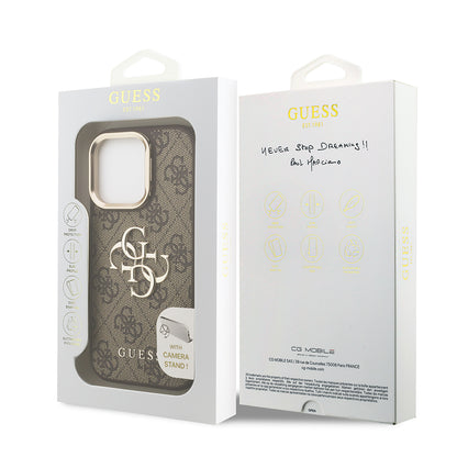 iPhone 15 Pro Kılıf Guess Orjinal Lisanslı PU Deri 4G Desenli Metal Büyük 4G ve Yazı Logolu Kamera Standlı Kapak
