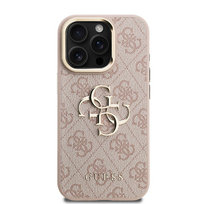 iPhone 15 Pro Kılıf Guess Orjinal Lisanslı PU Deri 4G Desenli Metal Büyük 4G ve Yazı Logolu Kamera Standlı Kapak