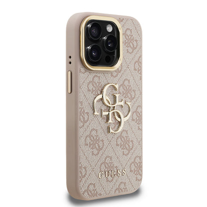iPhone 15 Pro Kılıf Guess Orjinal Lisanslı PU Deri 4G Desenli Metal Büyük 4G ve Yazı Logolu Kamera Standlı Kapak