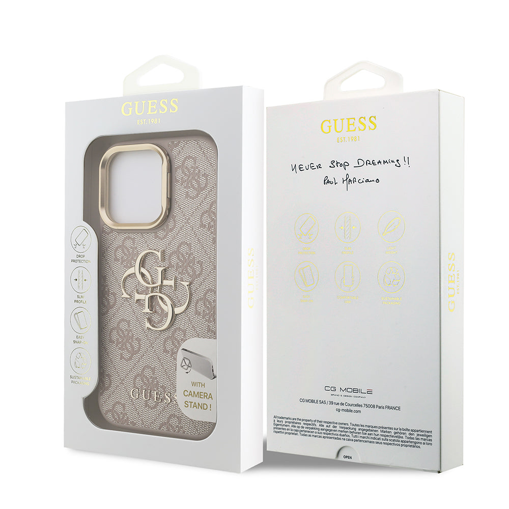 iPhone 15 Pro Kılıf Guess Orjinal Lisanslı PU Deri 4G Desenli Metal Büyük 4G ve Yazı Logolu Kamera Standlı Kapak
