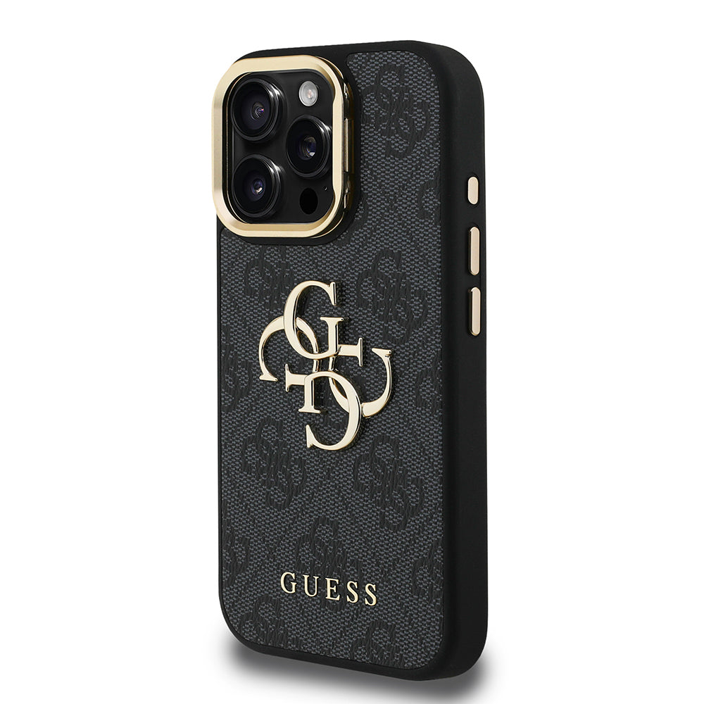 iPhone 15 Pro Kılıf Guess Orjinal Lisanslı PU Deri 4G Desenli Metal Büyük 4G ve Yazı Logolu Kamera Standlı Kapak