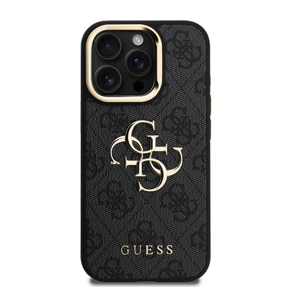 iPhone 15 Pro Kılıf Guess Orjinal Lisanslı PU Deri 4G Desenli Metal Büyük 4G ve Yazı Logolu Kamera Standlı Kapak