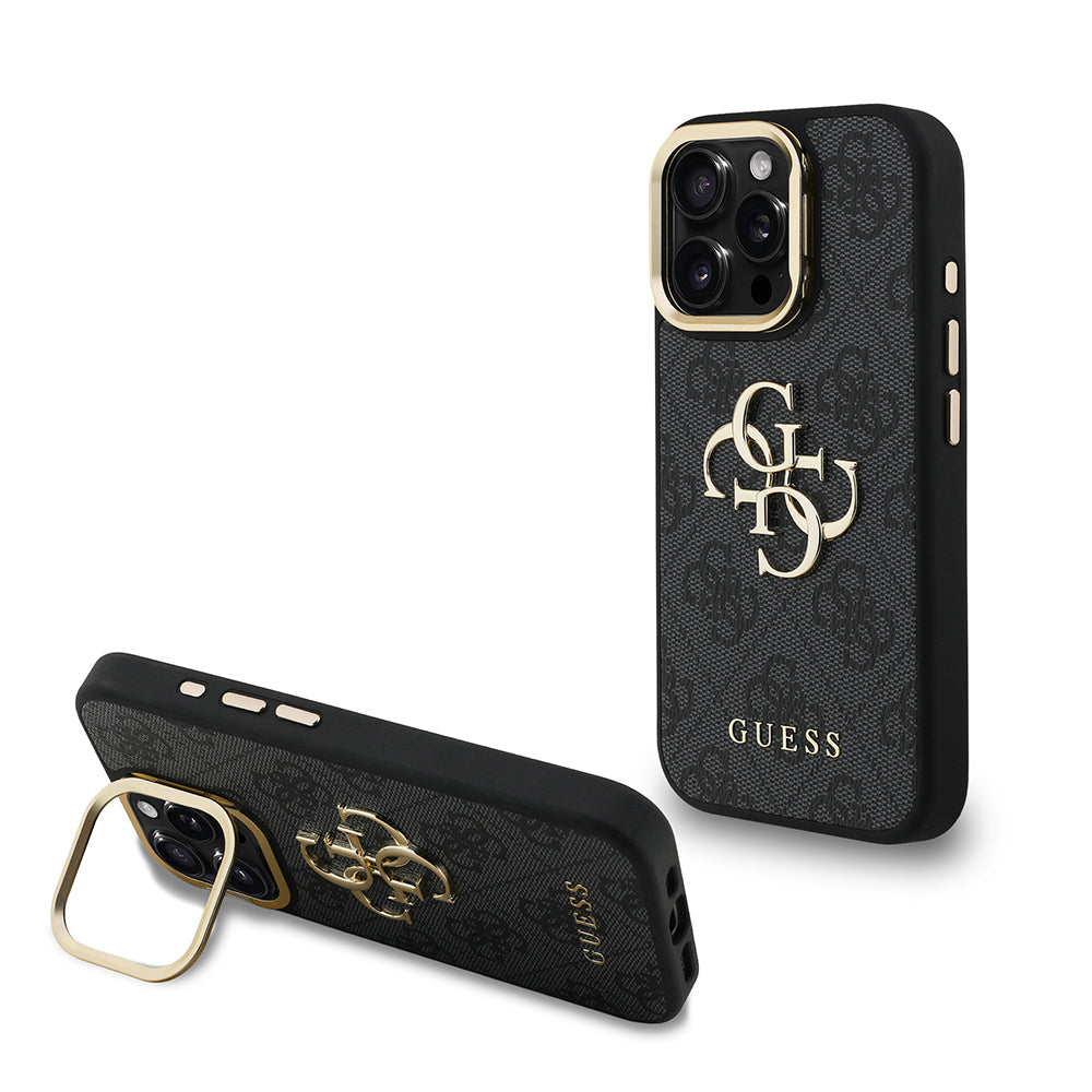 iPhone 15 Pro Kılıf Guess Orjinal Lisanslı PU Deri 4G Desenli Metal Büyük 4G ve Yazı Logolu Kamera Standlı Kapak