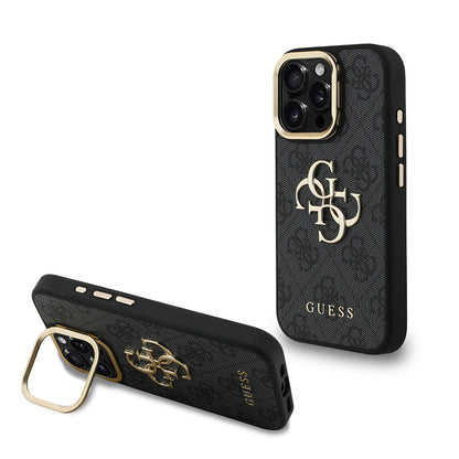 iPhone 15 Pro Kılıf Guess Orjinal Lisanslı PU Deri 4G Desenli Metal Büyük 4G ve Yazı Logolu Kamera Standlı Kapak