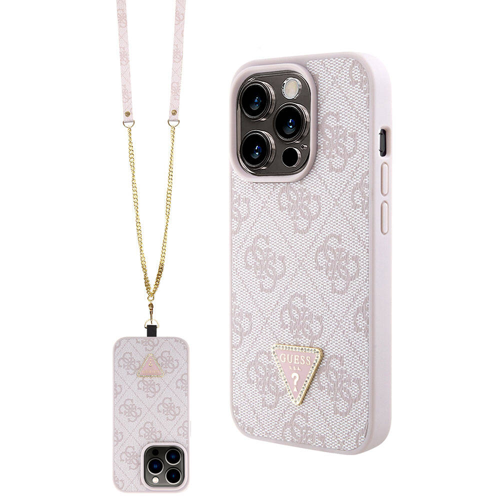iPhone 15 Pro Kılıf Guess Orjinal Lisanslı PU Deri Askılı Taşlı Üçgen Logo 4G Desenli Strass Crossbody Kapak
