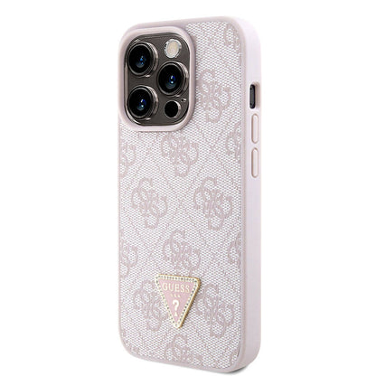iPhone 15 Pro Kılıf Guess Orjinal Lisanslı PU Deri Askılı Taşlı Üçgen Logo 4G Desenli Strass Crossbody Kapak