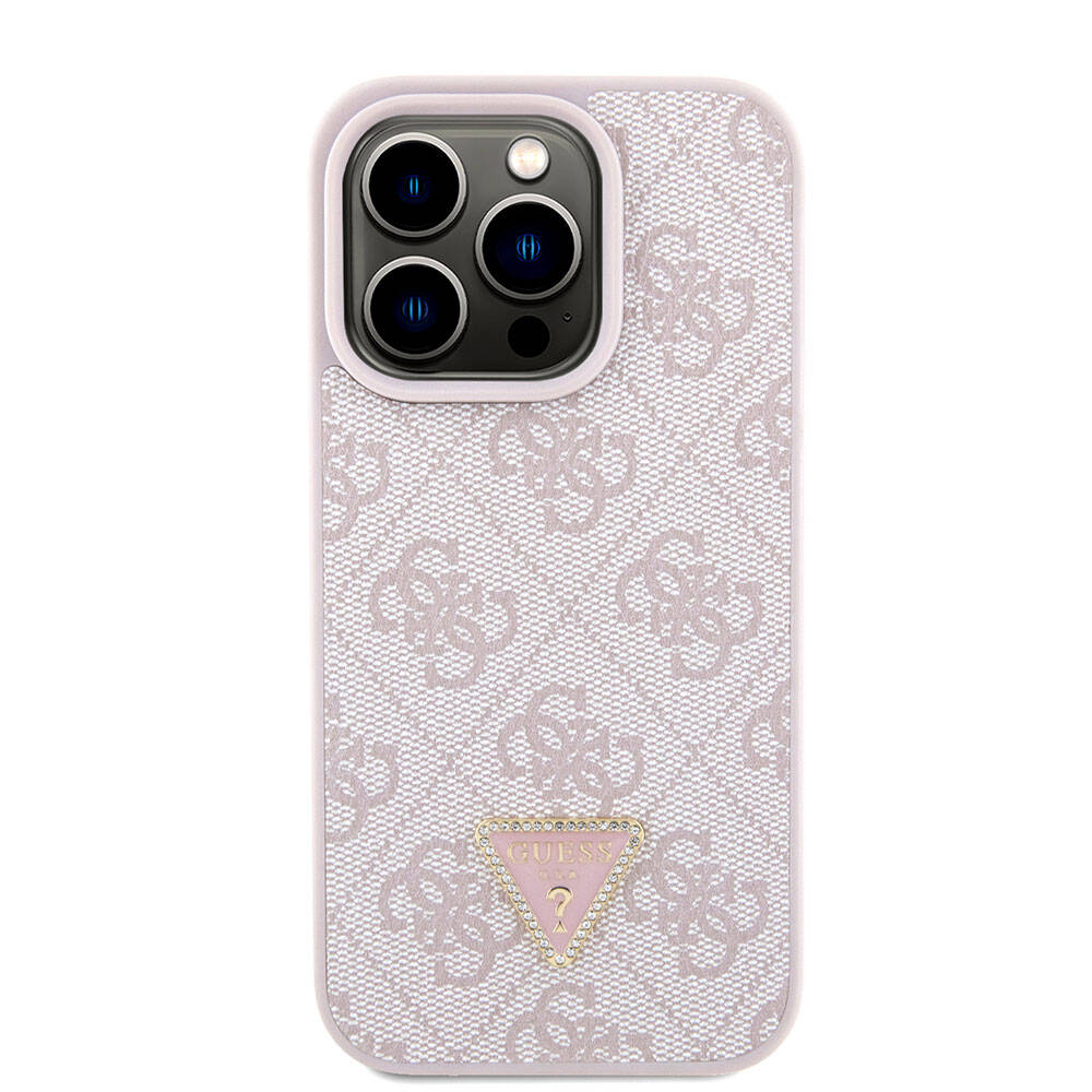 iPhone 15 Pro Kılıf Guess Orjinal Lisanslı PU Deri Askılı Taşlı Üçgen Logo 4G Desenli Strass Crossbody Kapak