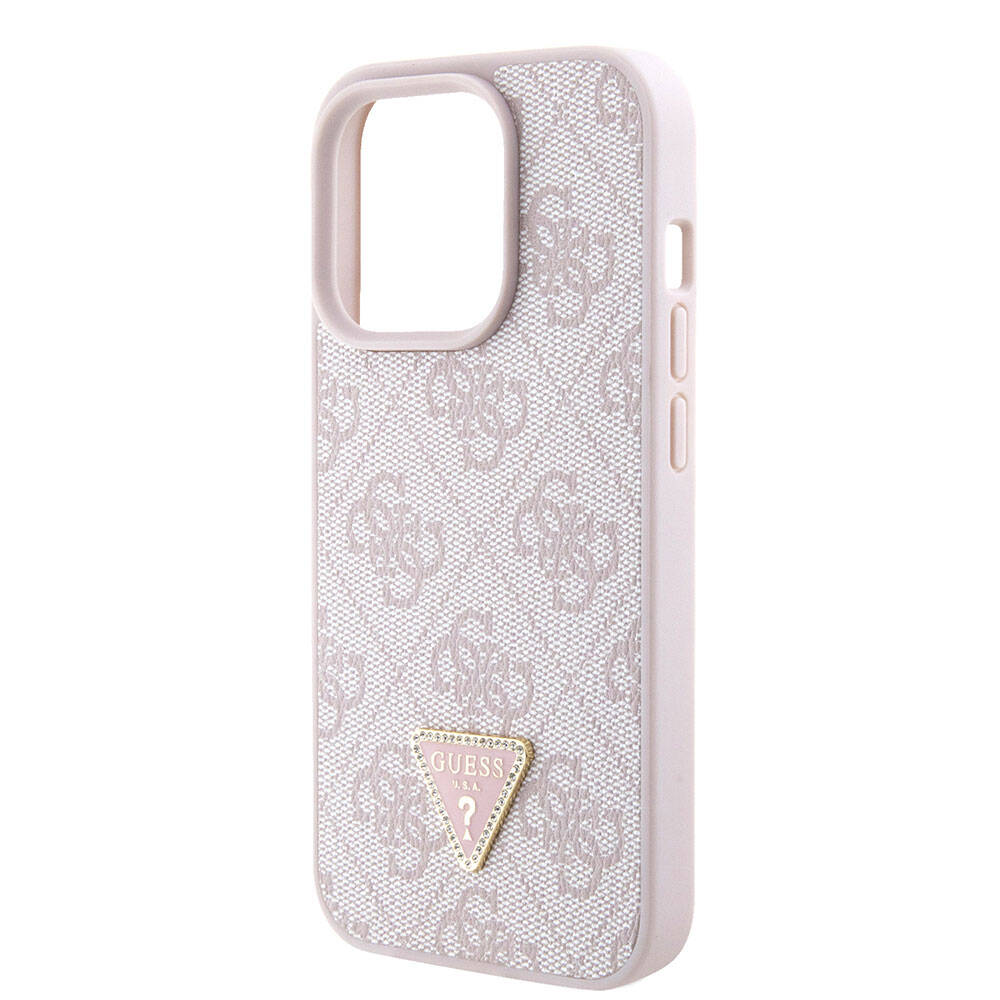 iPhone 15 Pro Kılıf Guess Orjinal Lisanslı PU Deri Askılı Taşlı Üçgen Logo 4G Desenli Strass Crossbody Kapak