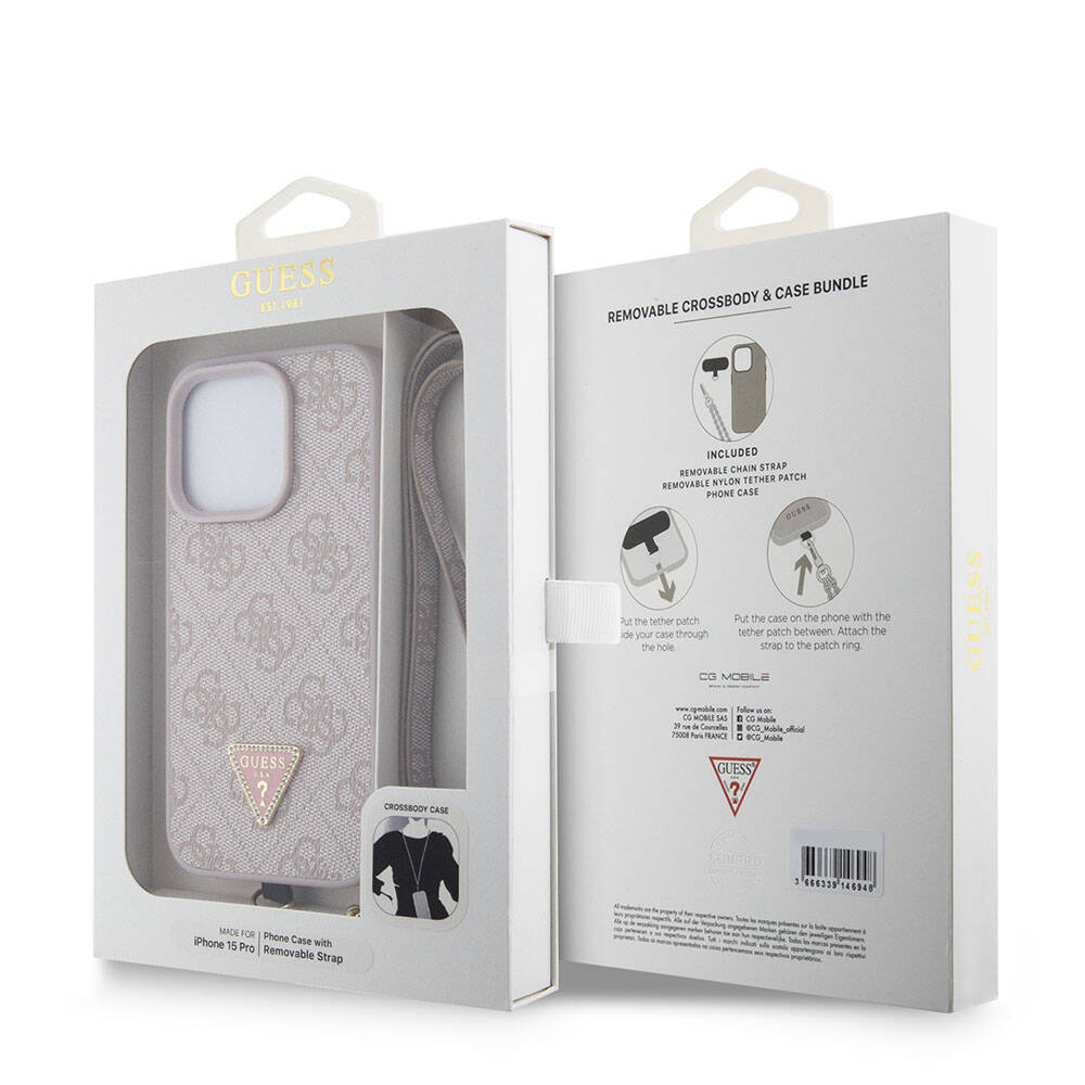 iPhone 15 Pro Kılıf Guess Orjinal Lisanslı PU Deri Askılı Taşlı Üçgen Logo 4G Desenli Strass Crossbody Kapak