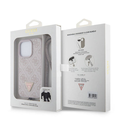 iPhone 15 Pro Kılıf Guess Orjinal Lisanslı PU Deri Askılı Taşlı Üçgen Logo 4G Desenli Strass Crossbody Kapak