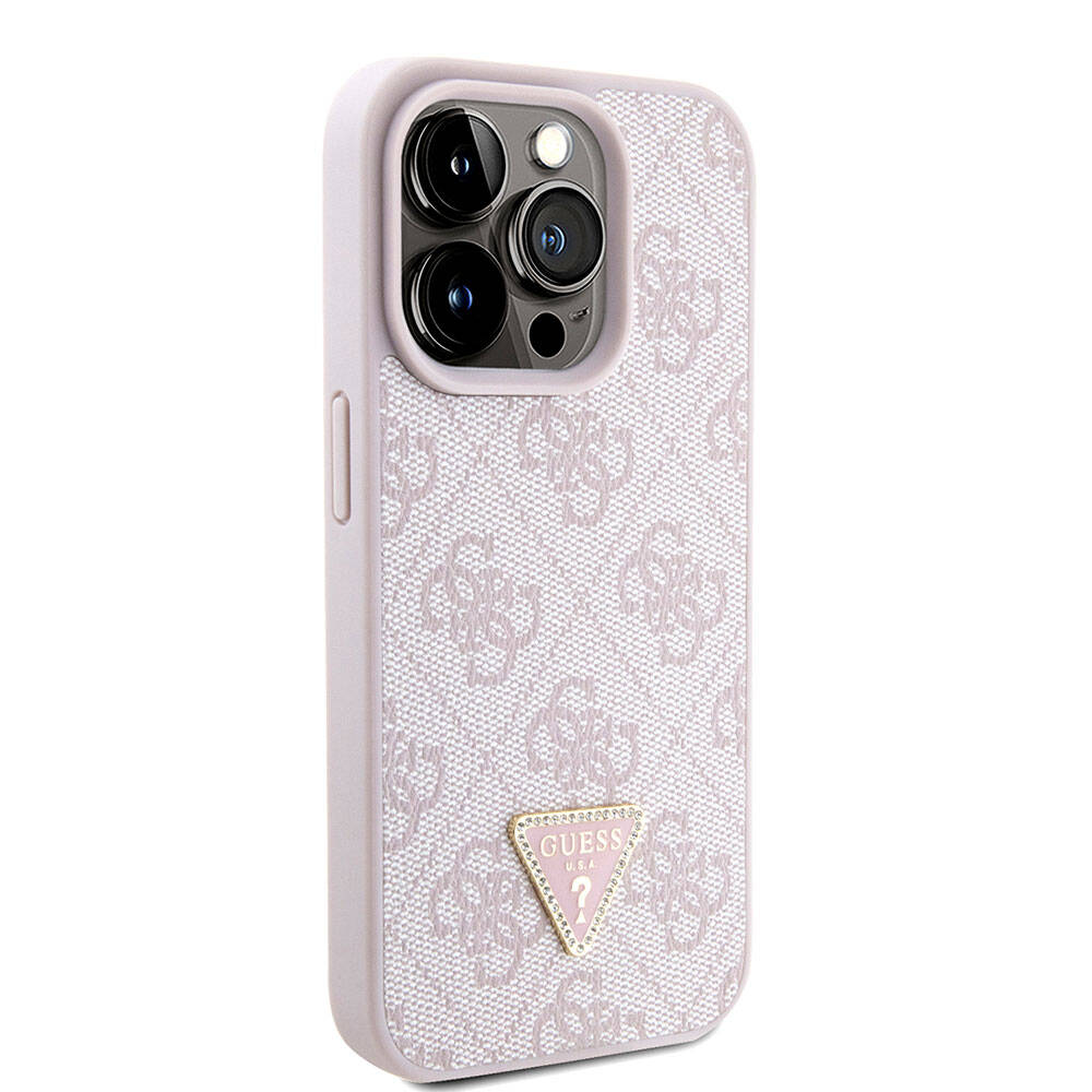 iPhone 15 Pro Kılıf Guess Orjinal Lisanslı PU Deri Askılı Taşlı Üçgen Logo 4G Desenli Strass Crossbody Kapak