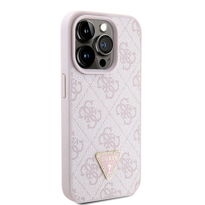 iPhone 15 Pro Kılıf Guess Orjinal Lisanslı PU Deri Askılı Taşlı Üçgen Logo 4G Desenli Strass Crossbody Kapak