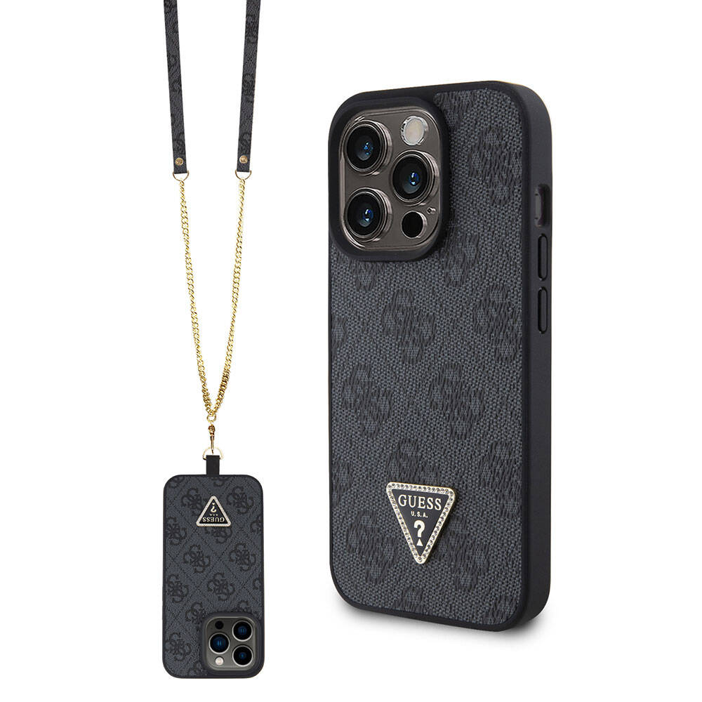 iPhone 15 Pro Kılıf Guess Orjinal Lisanslı PU Deri Askılı Taşlı Üçgen Logo 4G Desenli Strass Crossbody Kapak