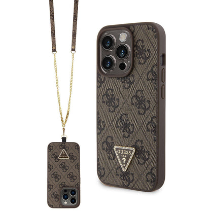 iPhone 15 Pro Kılıf Guess Orjinal Lisanslı PU Deri Askılı Taşlı Üçgen Logo 4G Desenli Strass Crossbody Kapak