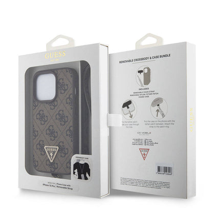 iPhone 15 Pro Kılıf Guess Orjinal Lisanslı PU Deri Askılı Taşlı Üçgen Logo 4G Desenli Strass Crossbody Kapak