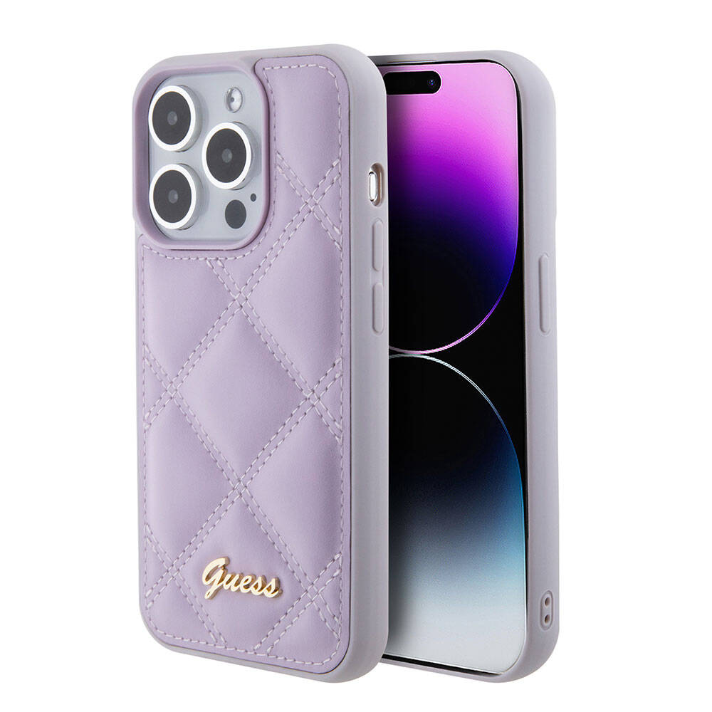 iPhone 15 Pro Kılıf Guess Orjinal Lisanslı PU Deri Metal Yazı Logolu Kapitone Kapak