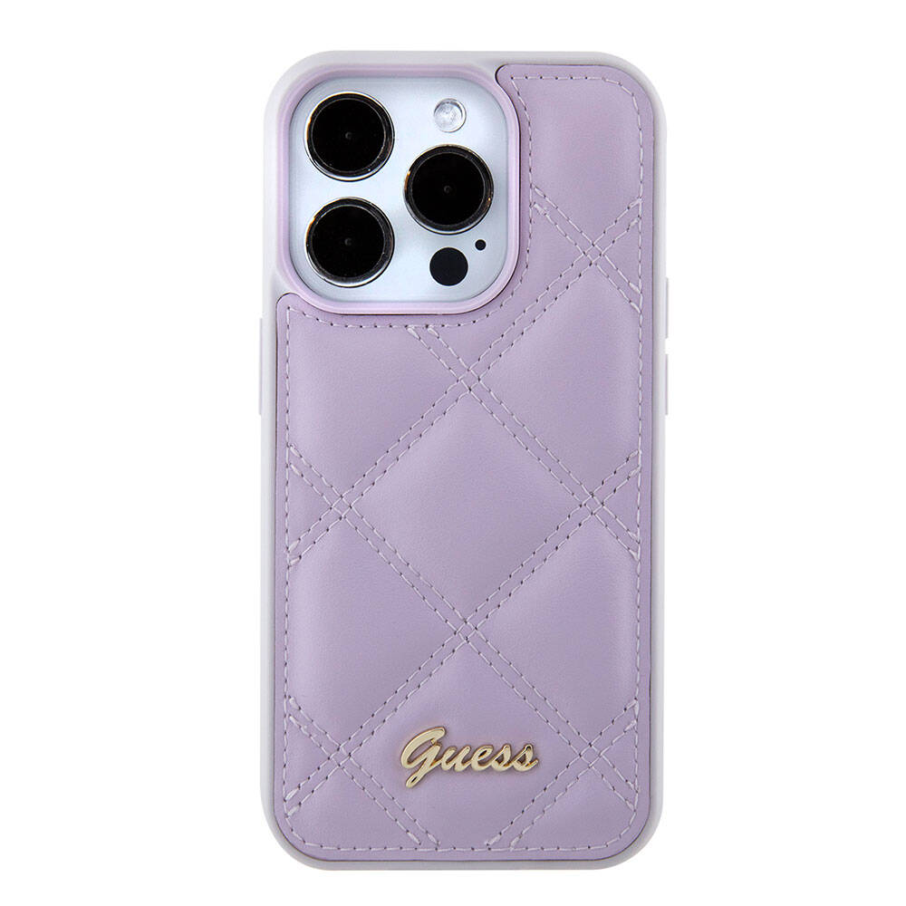 iPhone 15 Pro Kılıf Guess Orjinal Lisanslı PU Deri Metal Yazı Logolu Kapitone Kapak