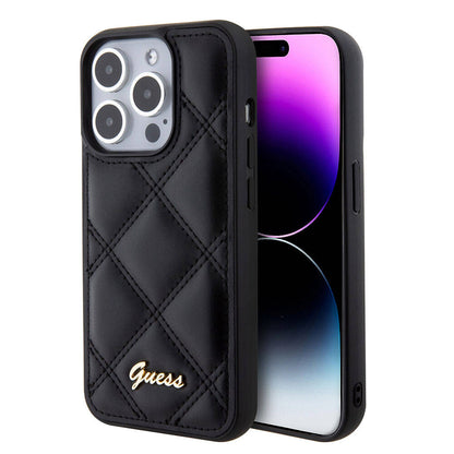 iPhone 15 Pro Kılıf Guess Orjinal Lisanslı PU Deri Metal Yazı Logolu Kapitone Kapak