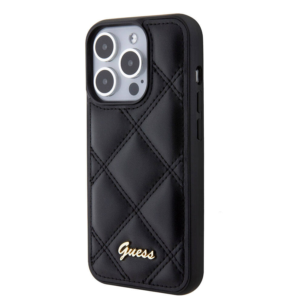 iPhone 15 Pro Kılıf Guess Orjinal Lisanslı PU Deri Metal Yazı Logolu Kapitone Kapak