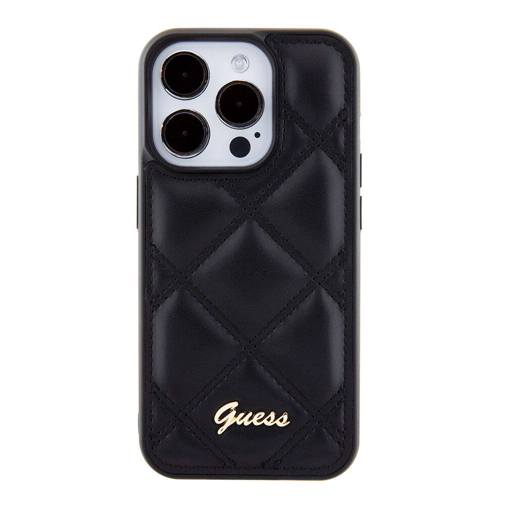 iPhone 15 Pro Kılıf Guess Orjinal Lisanslı PU Deri Metal Yazı Logolu Kapitone Kapak
