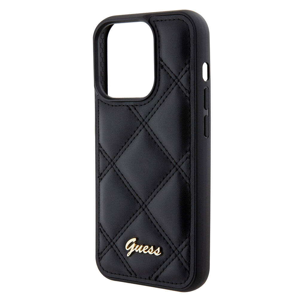 iPhone 15 Pro Kılıf Guess Orjinal Lisanslı PU Deri Metal Yazı Logolu Kapitone Kapak
