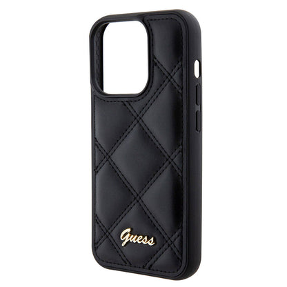 iPhone 15 Pro Kılıf Guess Orjinal Lisanslı PU Deri Metal Yazı Logolu Kapitone Kapak