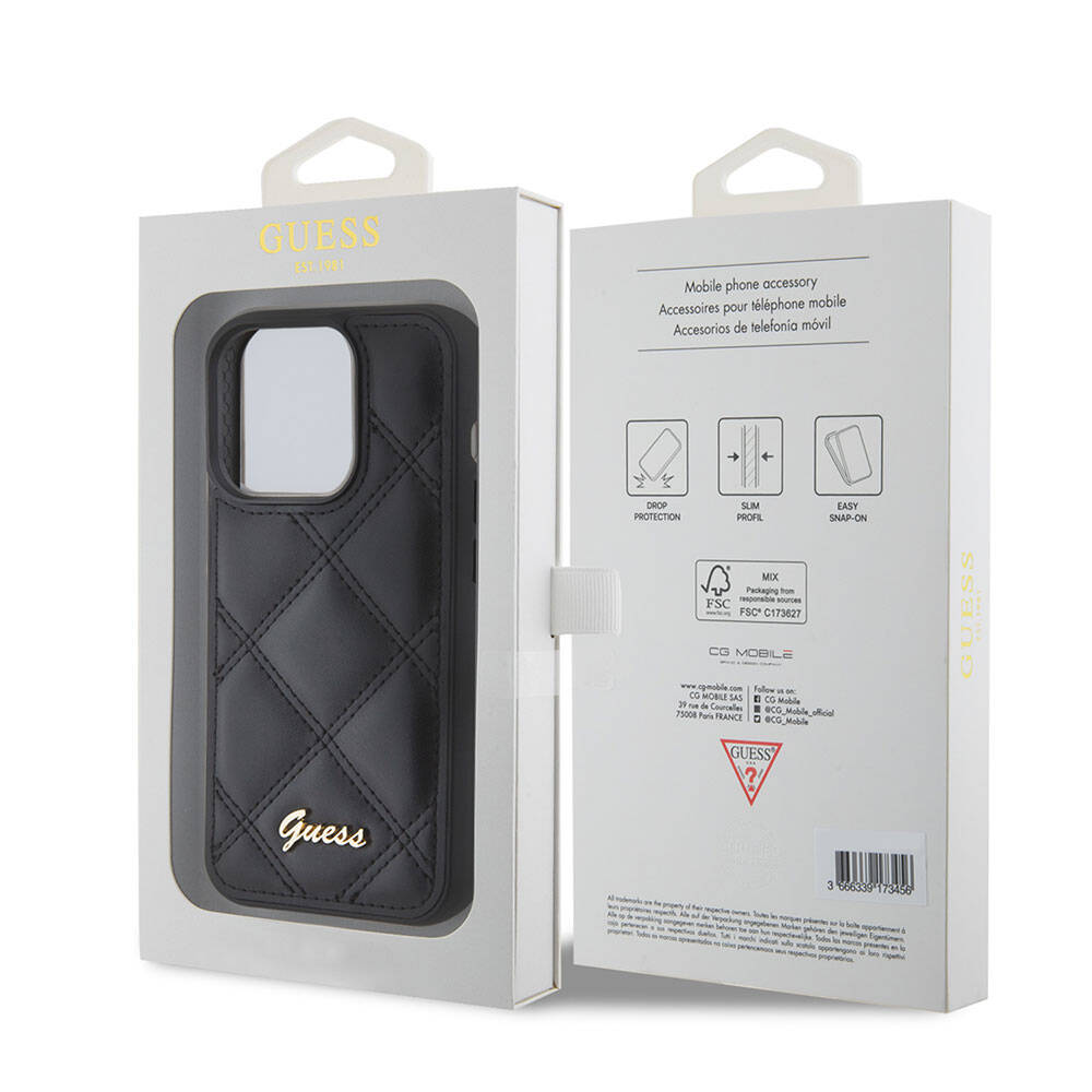 iPhone 15 Pro Kılıf Guess Orjinal Lisanslı PU Deri Metal Yazı Logolu Kapitone Kapak