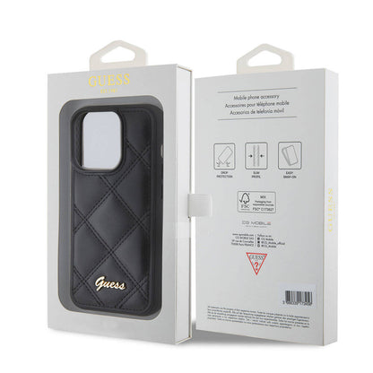 iPhone 15 Pro Kılıf Guess Orjinal Lisanslı PU Deri Metal Yazı Logolu Kapitone Kapak
