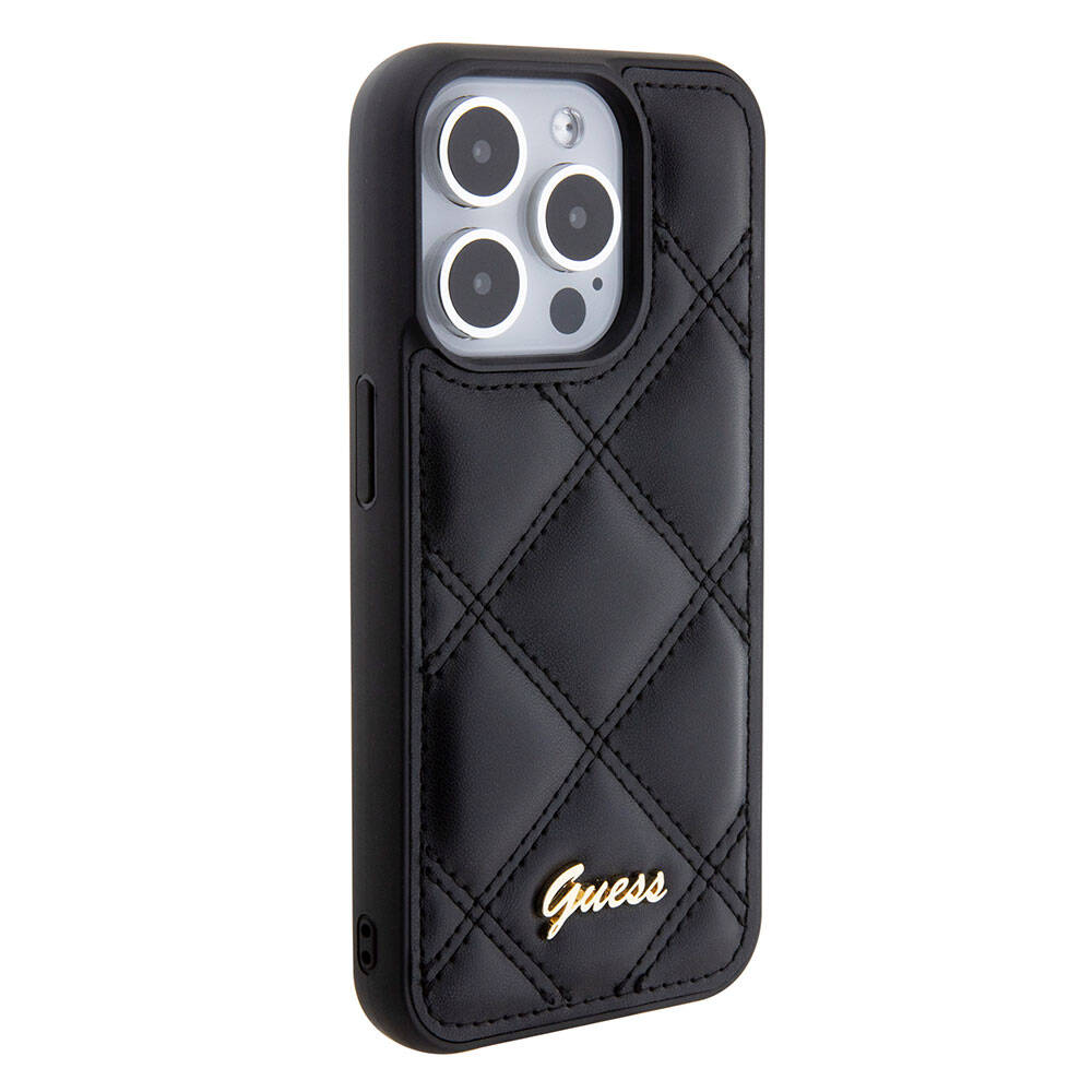 iPhone 15 Pro Kılıf Guess Orjinal Lisanslı PU Deri Metal Yazı Logolu Kapitone Kapak