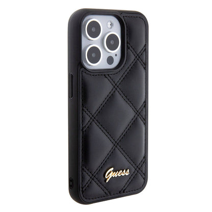 iPhone 15 Pro Kılıf Guess Orjinal Lisanslı PU Deri Metal Yazı Logolu Kapitone Kapak